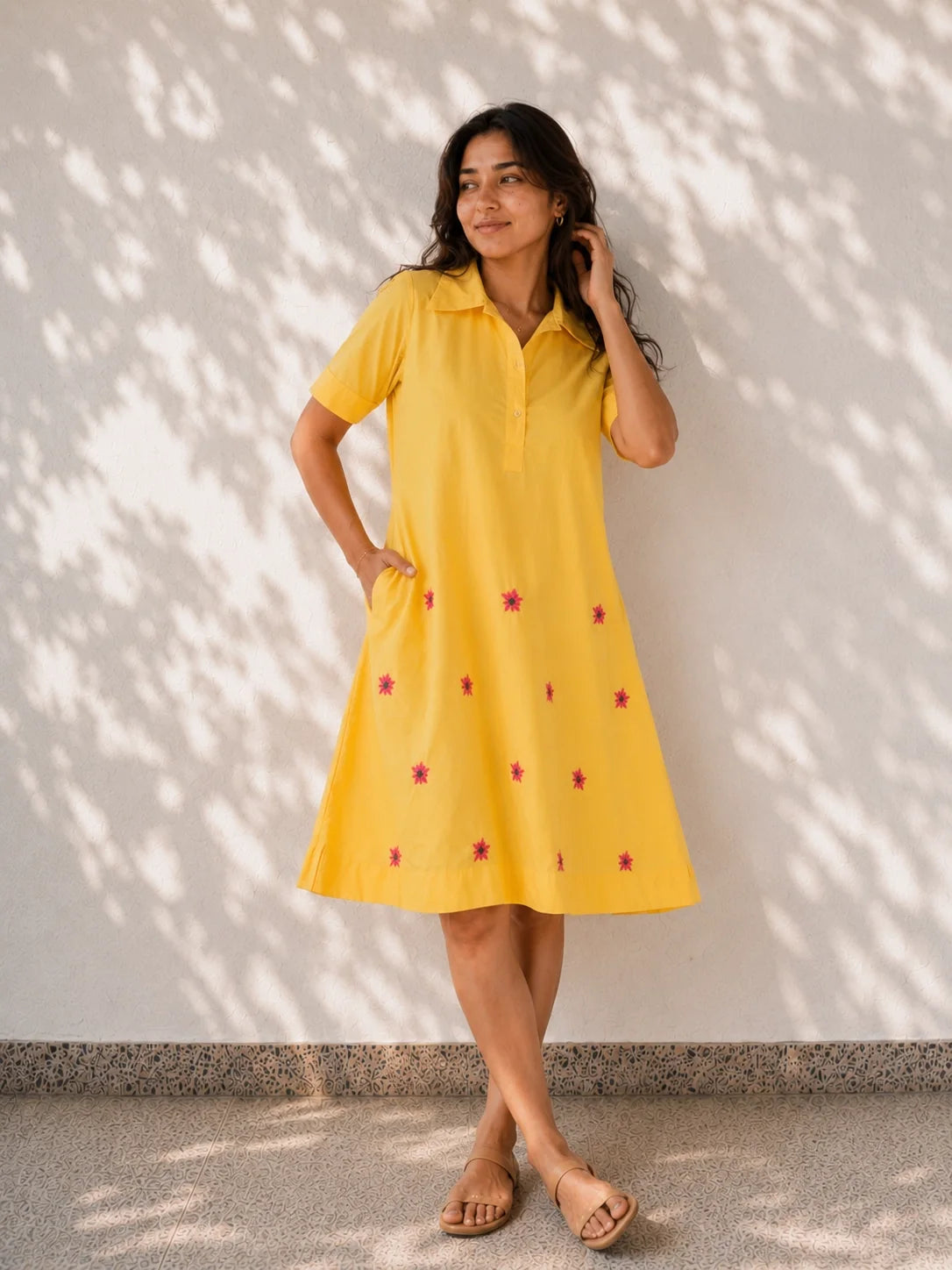 Yellow Flower Embroidered Cotton Dress