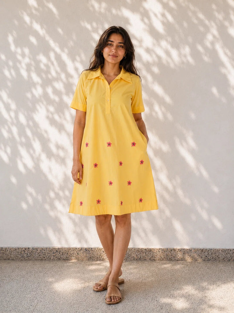 Yellow Flower Embroidered Cotton Dress