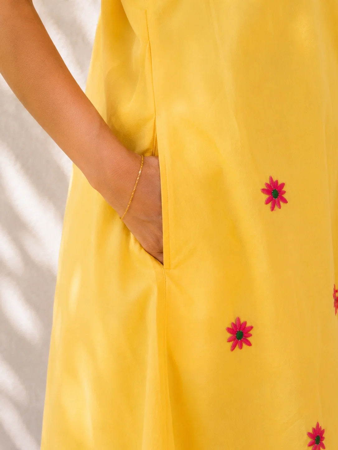 Yellow Flower Embroidered Cotton Dress