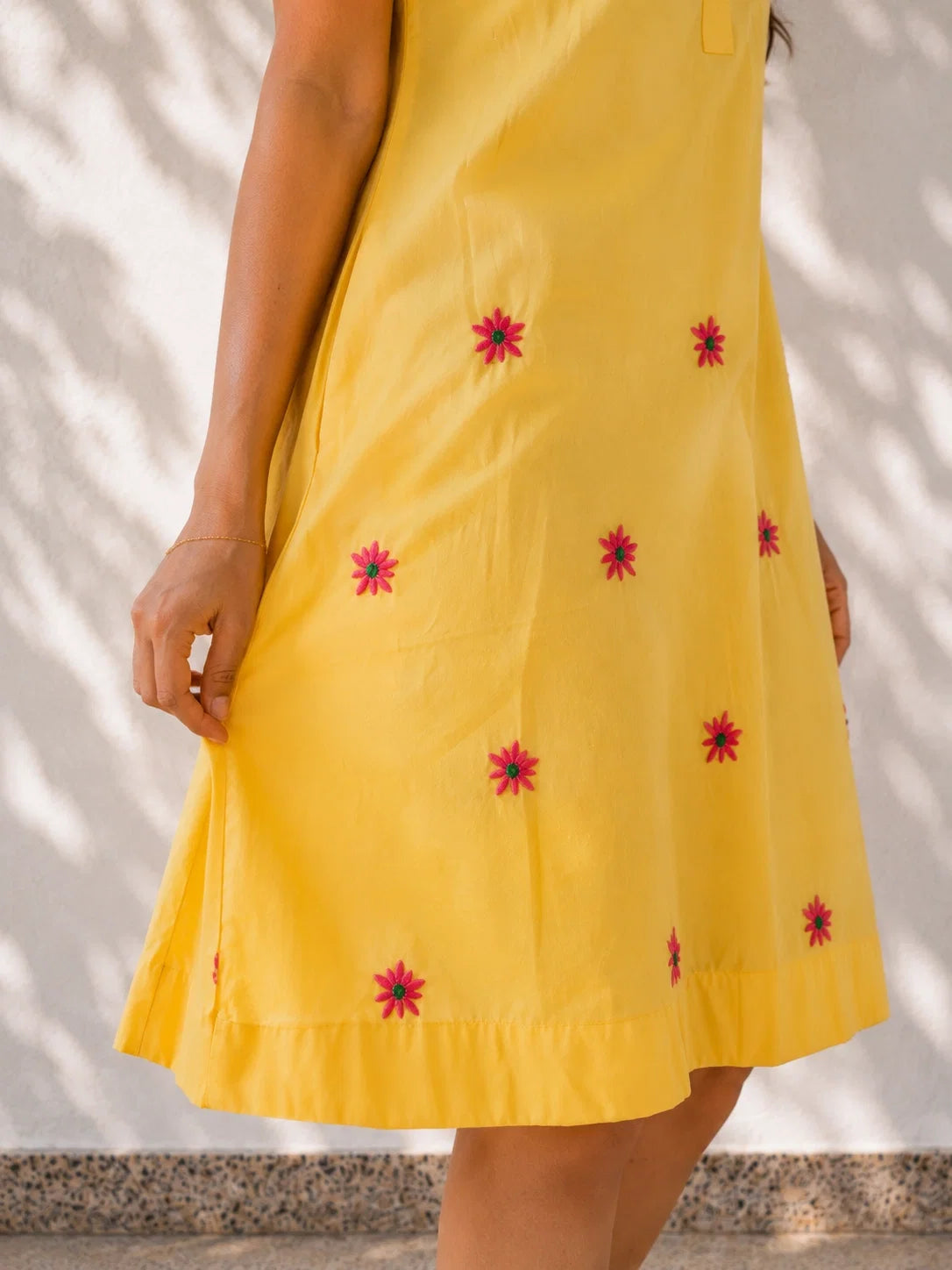 Yellow Flower Embroidered Cotton Dress