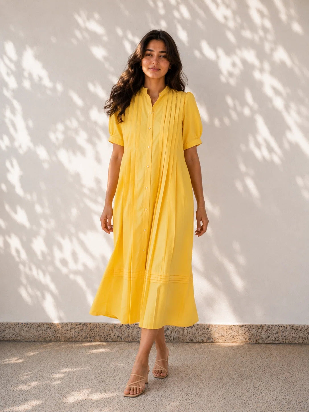 Yellow Pleated Cotton Poplin Dress