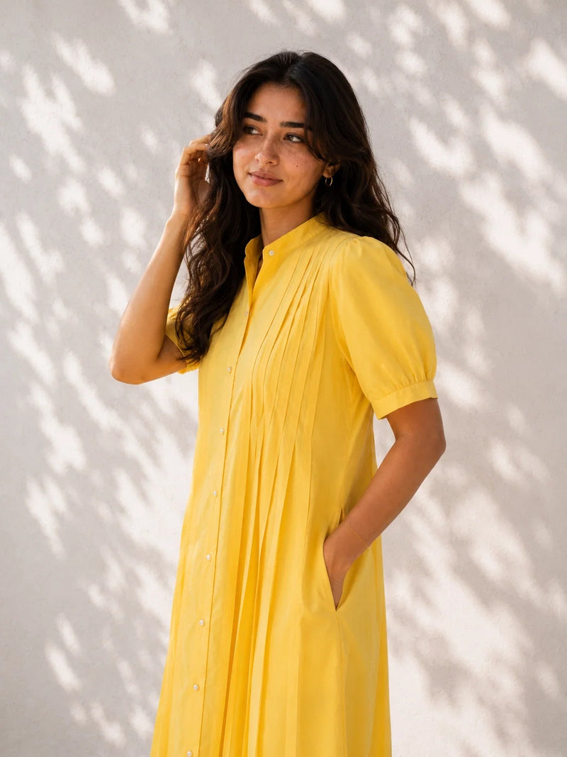 Yellow Pleated Cotton Poplin Dress