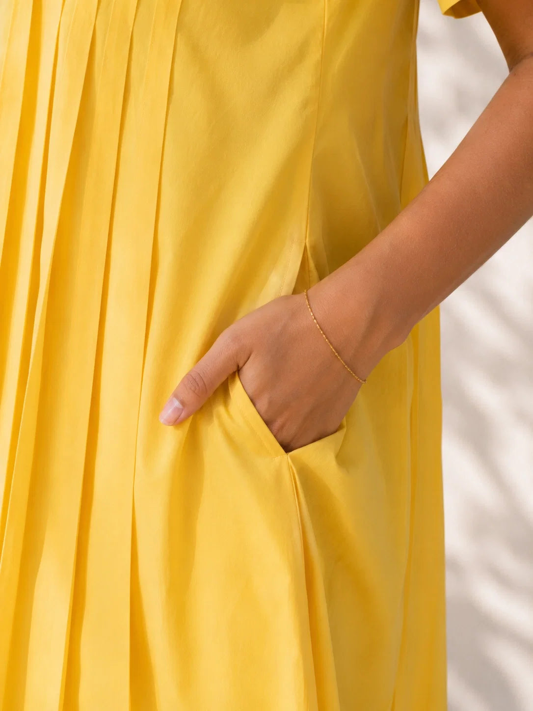 Yellow Pleated Cotton Poplin Dress