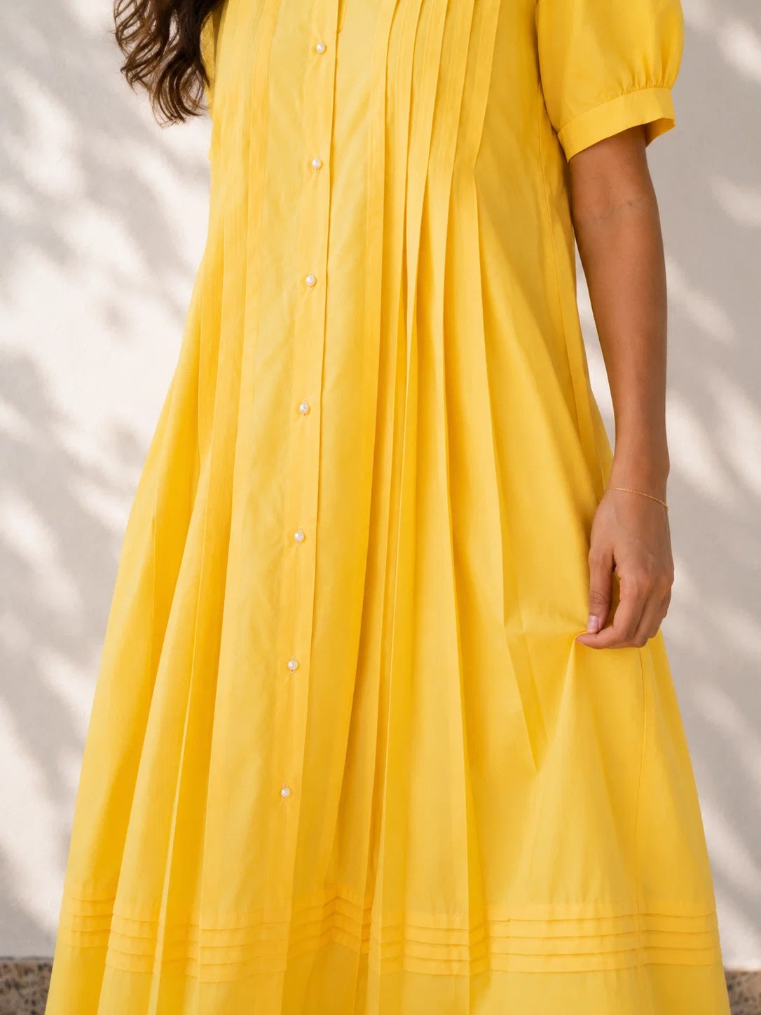 Yellow Pleated Cotton Poplin Dress