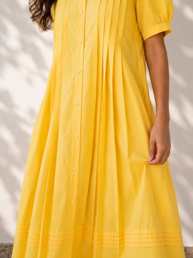 Yellow Pleated Cotton Poplin Dress