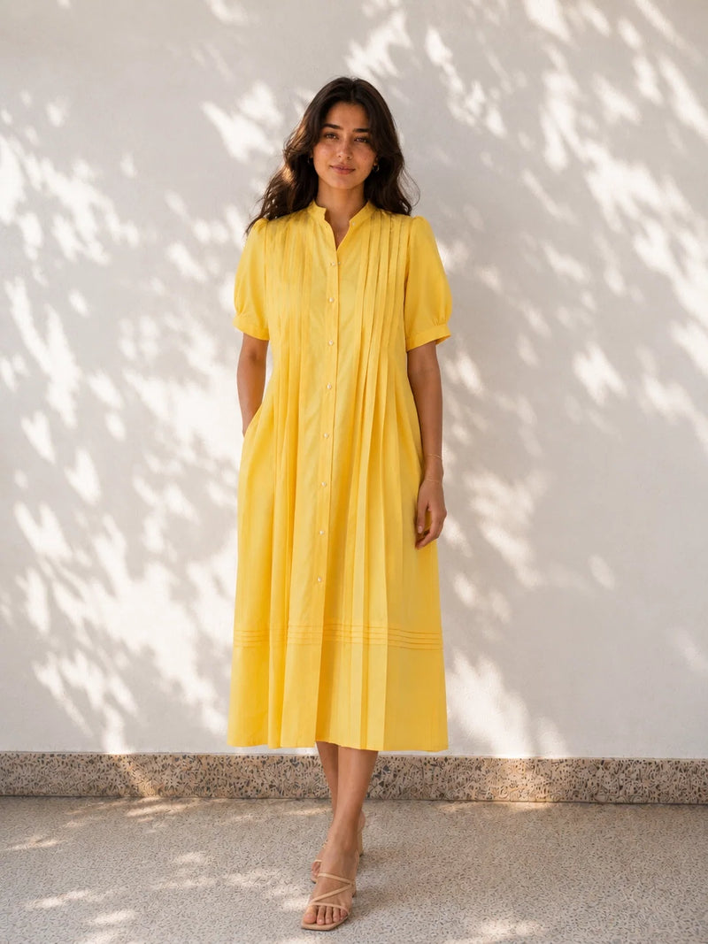 Yellow Pleated Cotton Poplin Dress