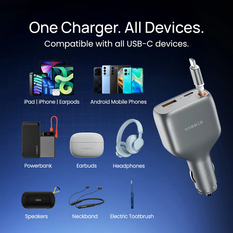 HAMMER 84W 3 in 1 Car Charger, 85 cm Retractable Cable (33W Type-C PD), Dual Port (18W USB Type-A & 33W Type-C) for Laptop, Android, iPhone, Earbuds-7