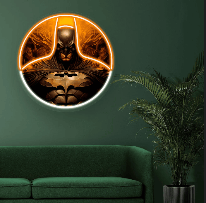 Batman Dark Knight Neon Wall Art – Golden Superhero LED Circle Light | Neon Signs India — Image 1
