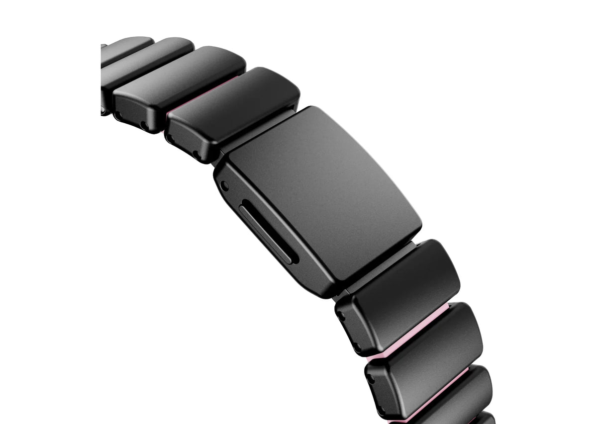 Side profile of the black and pink Fusion Apple Watch band highlighting premium stainless steel links, soft pink silicone interior and secure butterfly clasp for Apple Watch Ultra 3, Series 11, Series 10 and Apple Watch SE.