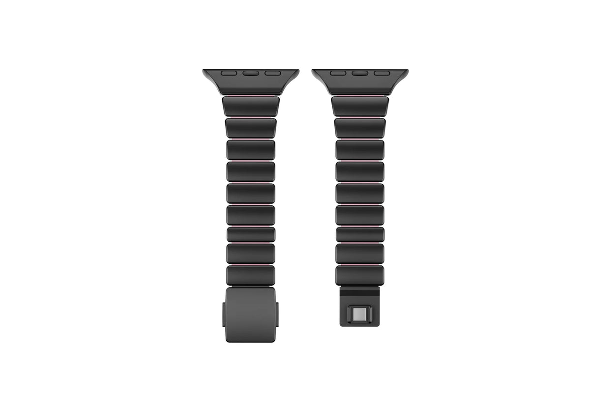 Interior view of the black stainless steel Apple Watch strap showing soft pink silicone lining for enhanced comfort, sweat resistance and all-day wear with Apple Watch Ultra 3, Series 11, Series 10 and Apple Watch SE.