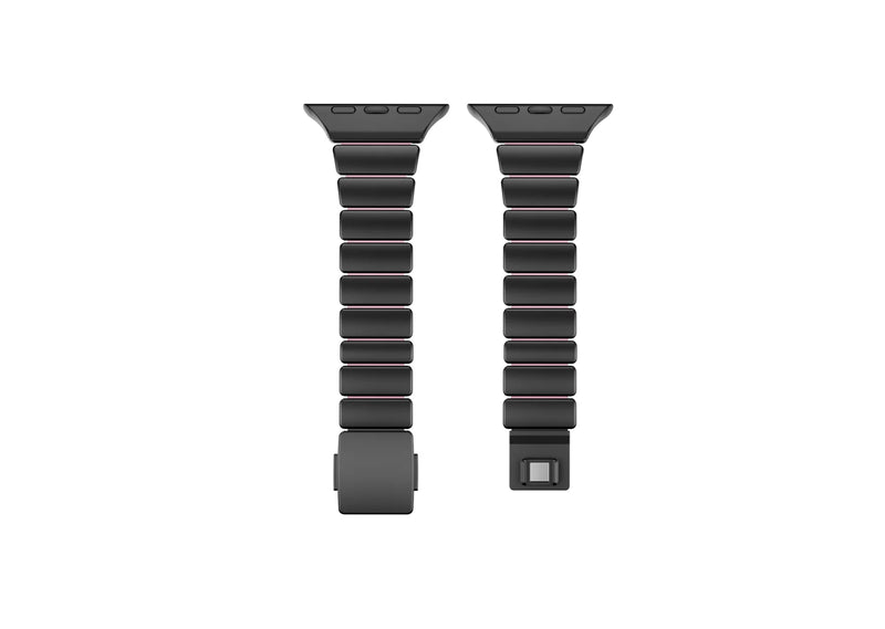 Interior view of the black stainless steel Apple Watch strap showing soft pink silicone lining for enhanced comfort, sweat resistance and all-day wear with Apple Watch Ultra 3, Series 11, Series 10 and Apple Watch SE.