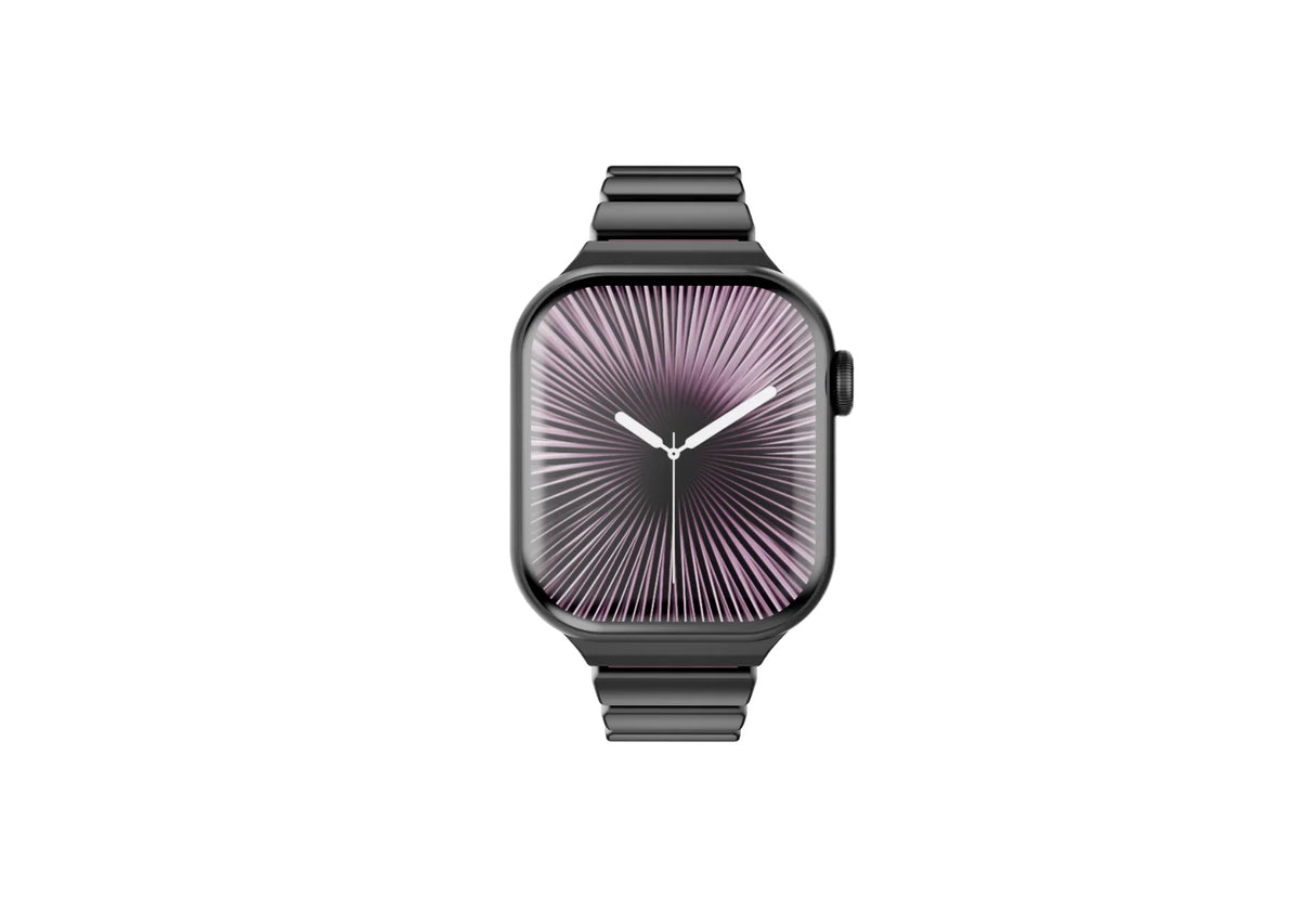 Exterior view of the black Fusion stainless steel Apple Watch strap featuring elegant matte black stainless steel links and premium butterfly deployment clasp, designed for women and compatible with Apple Watch Ultra and Series 11.