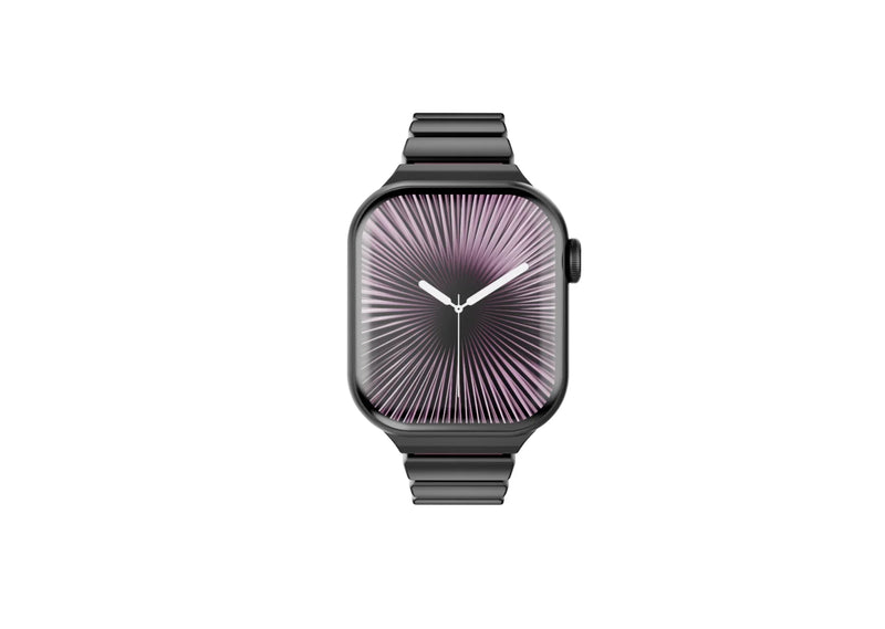 Exterior view of the black Fusion stainless steel Apple Watch strap featuring elegant matte black stainless steel links and premium butterfly deployment clasp, designed for women and compatible with Apple Watch Ultra and Series 11.