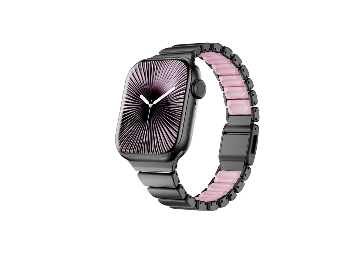 Premium black Fusion stainless steel Apple Watch strap with soft pink silicone comfort lining shown on Apple Watch, featuring a secure butterfly clasp and luxury matte finish for Apple Watch Ultra 3, Series 11 and Apple Watch SE.