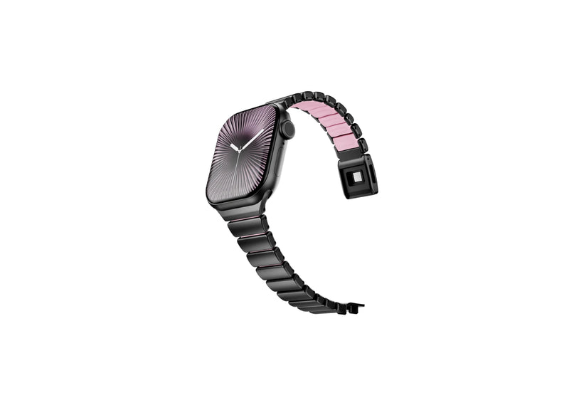Close-up of the premium butterfly deployment clasp on the black stainless steel Apple Watch strap featuring precision locking mechanism, matte black finish and durable construction.