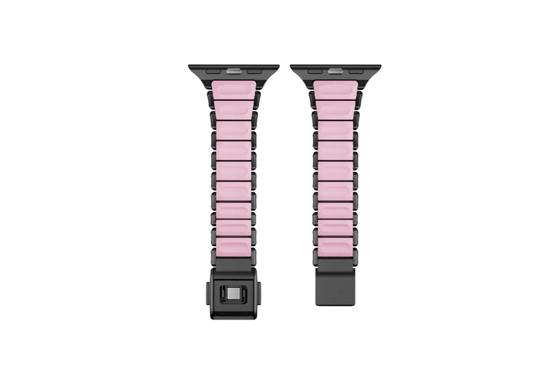 Detailed close-up of the butterfly clasp on the black and pink Apple Watch strap showcasing premium stainless steel craftsmanship, precision engineering and secure locking mechanism.