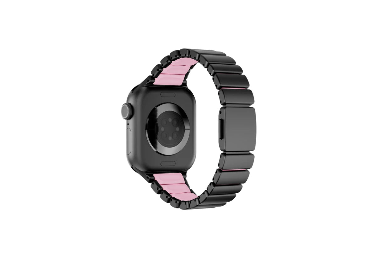 Front view of the black and pink Fusion stainless steel Apple Watch strap featuring elegant matte black metal links and feminine styling, compatible with Apple Watch Ultra 3, Ultra 2, Series 11, Series 10 and Apple Watch SE.