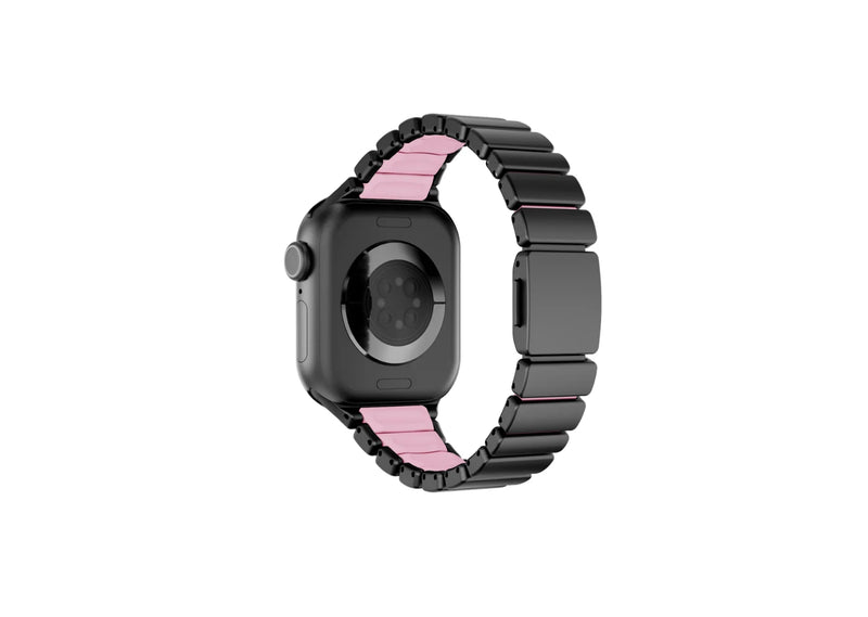 Front view of the black and pink Fusion stainless steel Apple Watch strap featuring elegant matte black metal links and feminine styling, compatible with Apple Watch Ultra 3, Ultra 2, Series 11, Series 10 and Apple Watch SE.