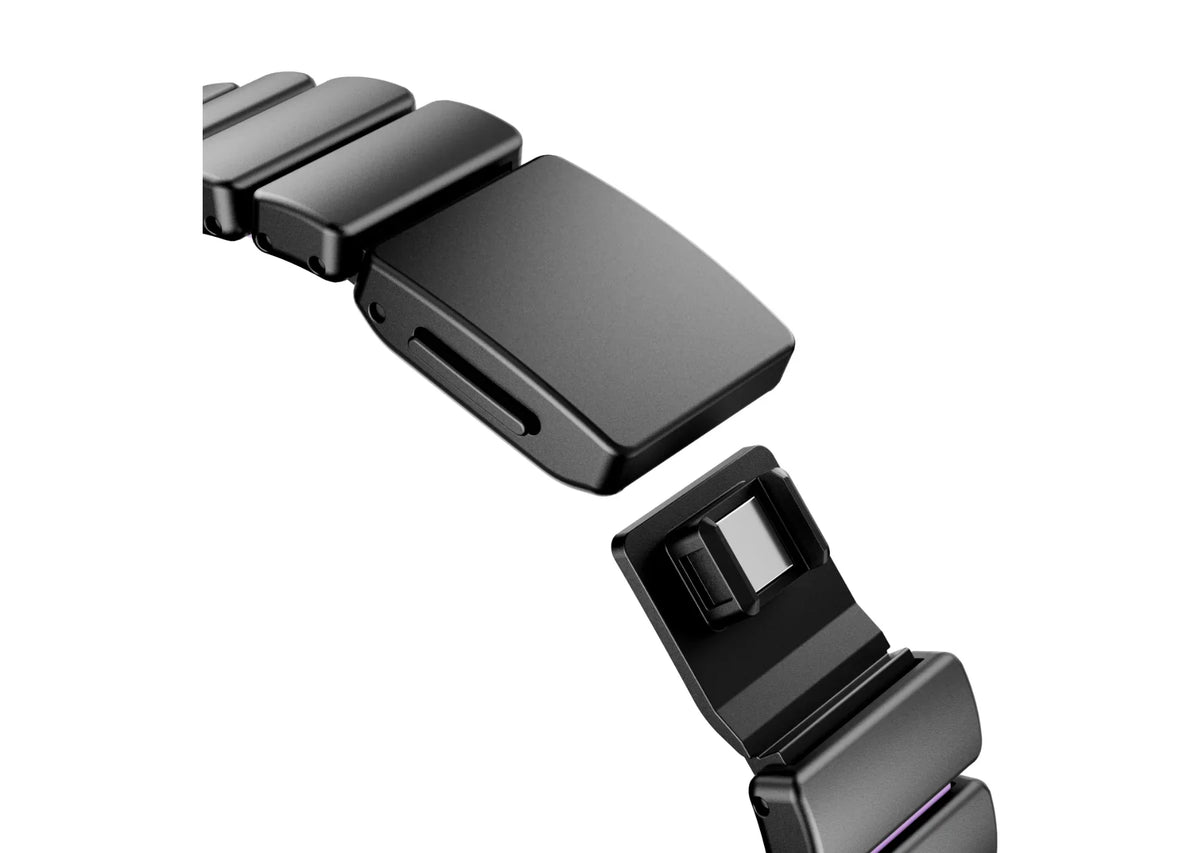 Front view of the black and purple Fusion stainless steel Apple Watch strap with premium metal links and elegant feminine styling, compatible with Apple Watch Ultra 3, Ultra 2, Series 11, Series 10 and Apple Watch SE.