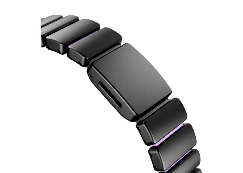 Rear view of the black stainless steel Apple Watch band showing premium butterfly clasp, stainless steel construction and soft silicone inner lining for all-day comfort, designed for women.