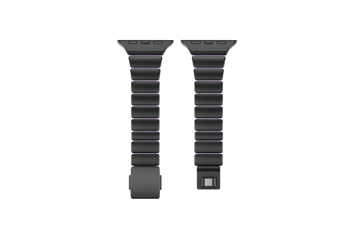 Interior view of the black and purple stainless steel Apple Watch strap showing soft lavender silicone lining for superior comfort, sweat resistance and everyday wear for Apple Watch Ultra, Series 11, Series 10 and Apple Watch SE.