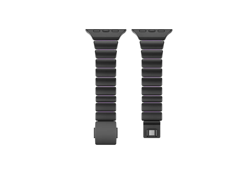 Interior view of the black and purple stainless steel Apple Watch strap showing soft lavender silicone lining for superior comfort, sweat resistance and everyday wear for Apple Watch Ultra, Series 11, Series 10 and Apple Watch SE.
