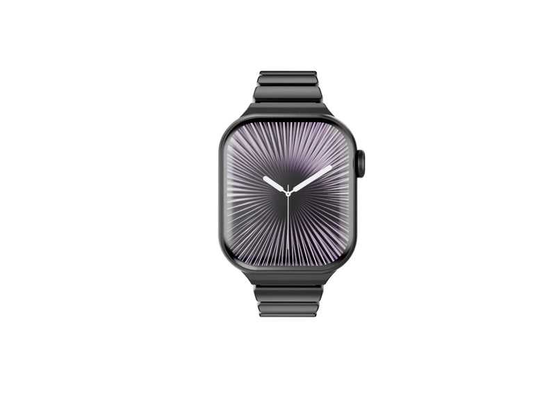 Close-up of the premium butterfly deployment clasp on the black stainless steel Apple Watch strap featuring precision locking mechanism and luxury matte black finish.