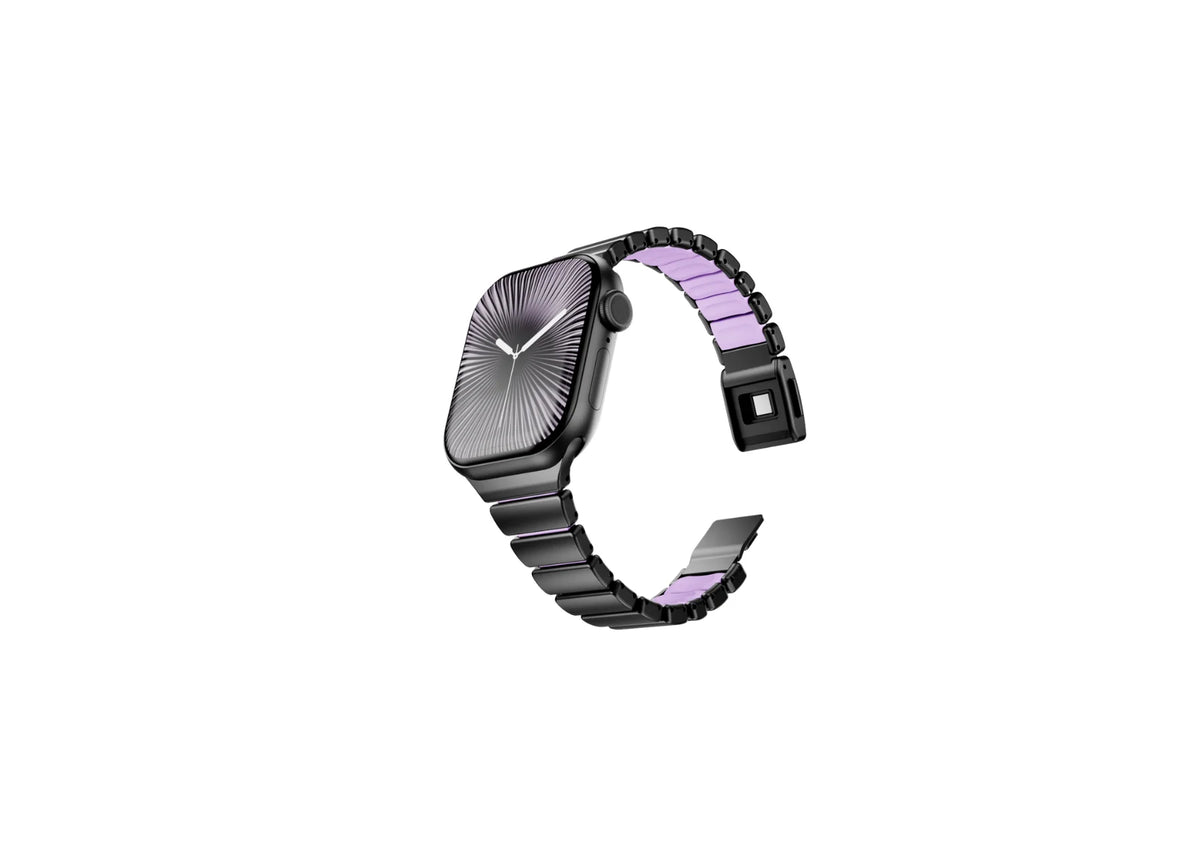 Detailed close-up of the butterfly clasp on the black and purple Apple Watch strap showcasing durable stainless steel construction, precision engineering and secure locking mechanism.