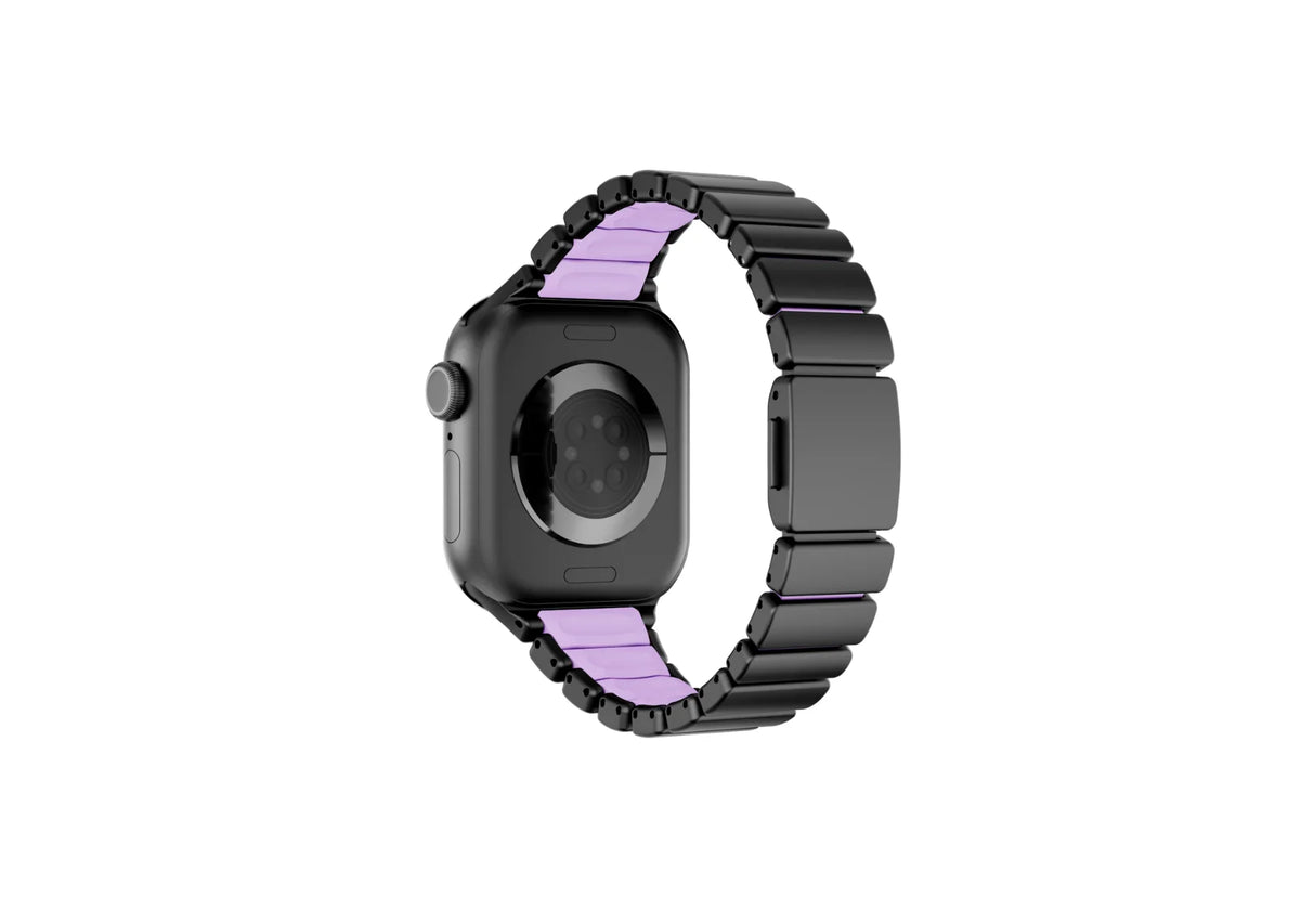 Exterior view of the black and purple Fusion Apple Watch band featuring premium stainless steel links with an elegant matte black finish and butterfly deployment clasp for women, compatible with Apple Watch Ultra and Series 11.