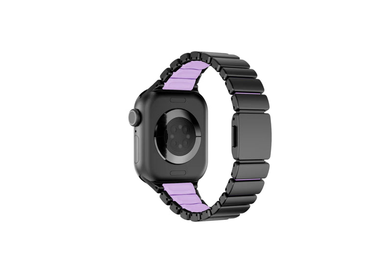 Exterior view of the black and purple Fusion Apple Watch band featuring premium stainless steel links with an elegant matte black finish and butterfly deployment clasp for women, compatible with Apple Watch Ultra and Series 11.