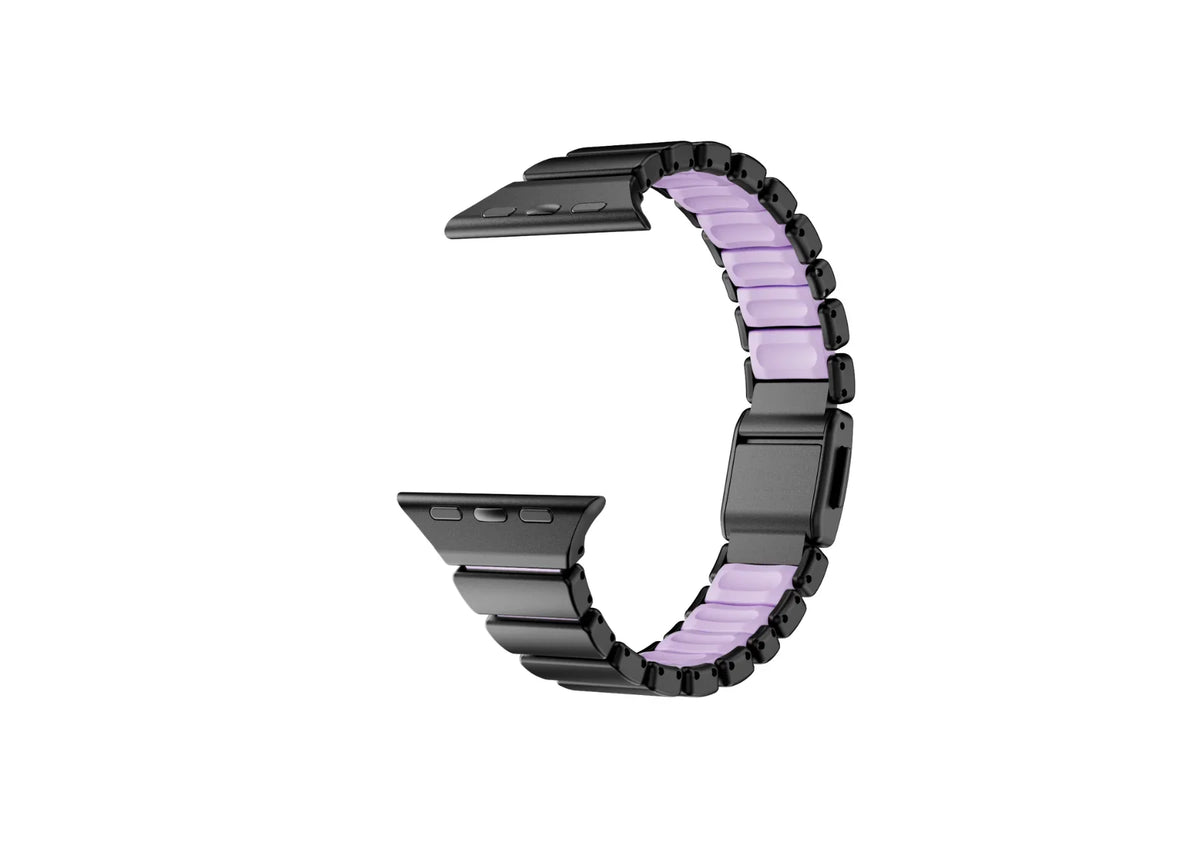Side profile of the black Fusion stainless steel Apple Watch strap with purple silicone interior highlighting flexible links, premium build quality and butterfly clasp for Apple Watch Ultra 3, Series 11, Series 10 and Apple Watch SE.