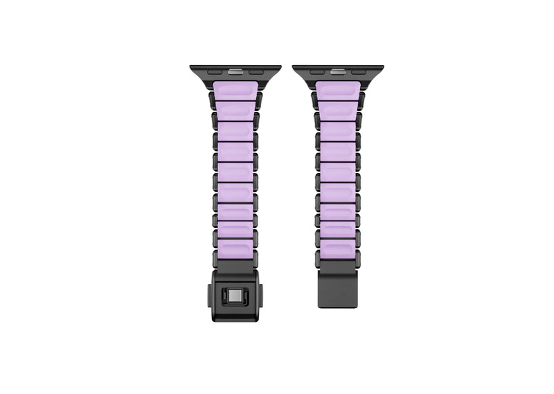 Perspective view of the black stainless steel Apple Watch strap with soft purple silicone lining and premium butterfly clasp shown open, designed for women and compatible with Apple Watch Ultra 3, Series 11, Series 10 and SE.