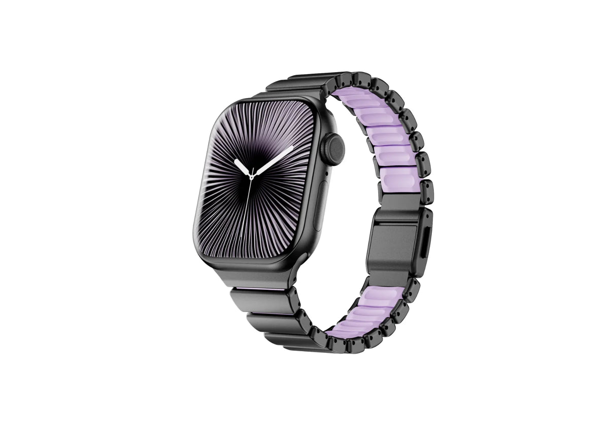 Black and purple Fusion stainless steel Apple Watch strap for women featuring premium stainless steel outer links, soft purple silicone comfort lining and secure butterfly clasp, compatible with Apple Watch Ultra 3, Ultra 2, Ultra, Series 11, Series 10, Series 9, Series 8 and Apple Watch SE.