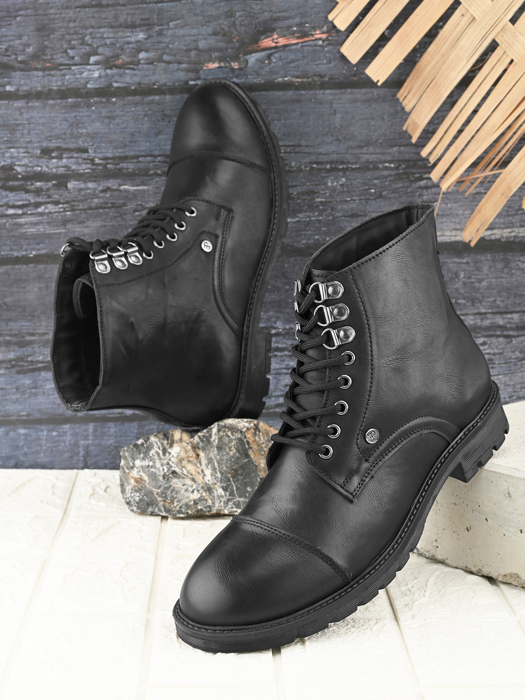EL PASO Men Black Faux Leather Casual Lace Up Boots-7