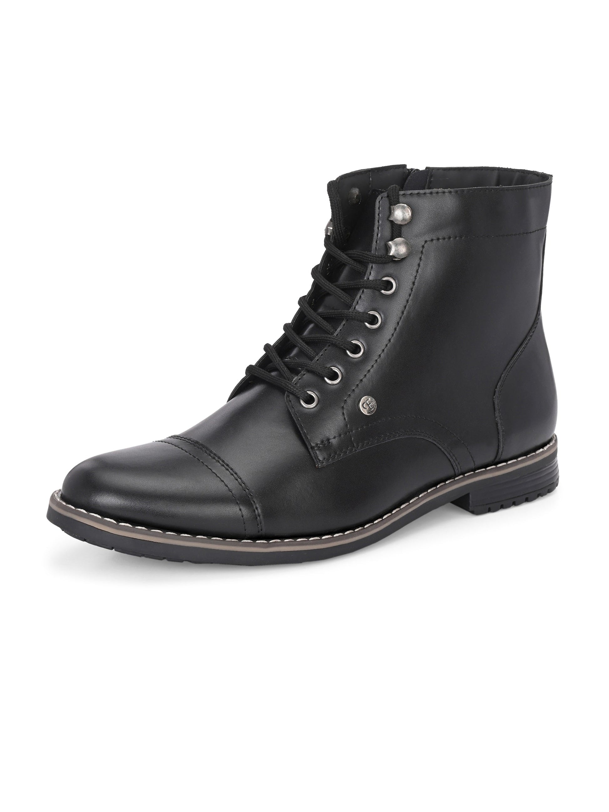 Men's black leather lace-up block-heeled boots with metal eyelets, stitched detailing, and a low heel.