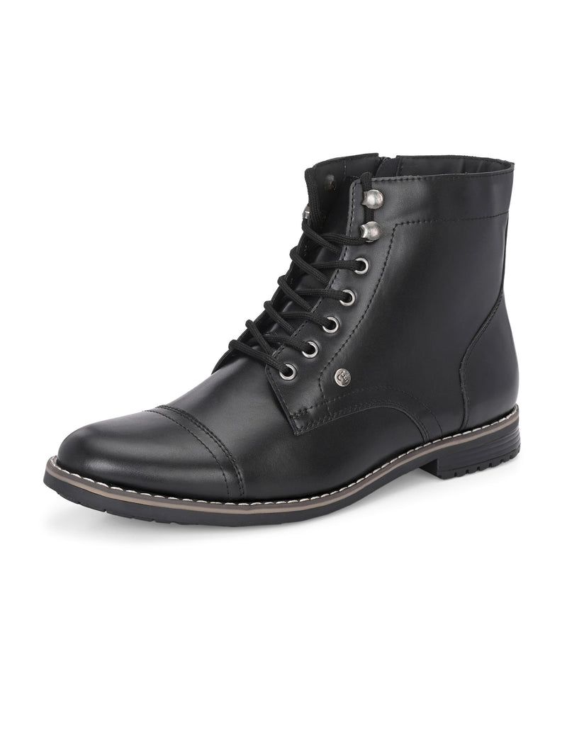 Men's black leather lace-up block-heeled boots with metal eyelets, stitched detailing, and a low heel.