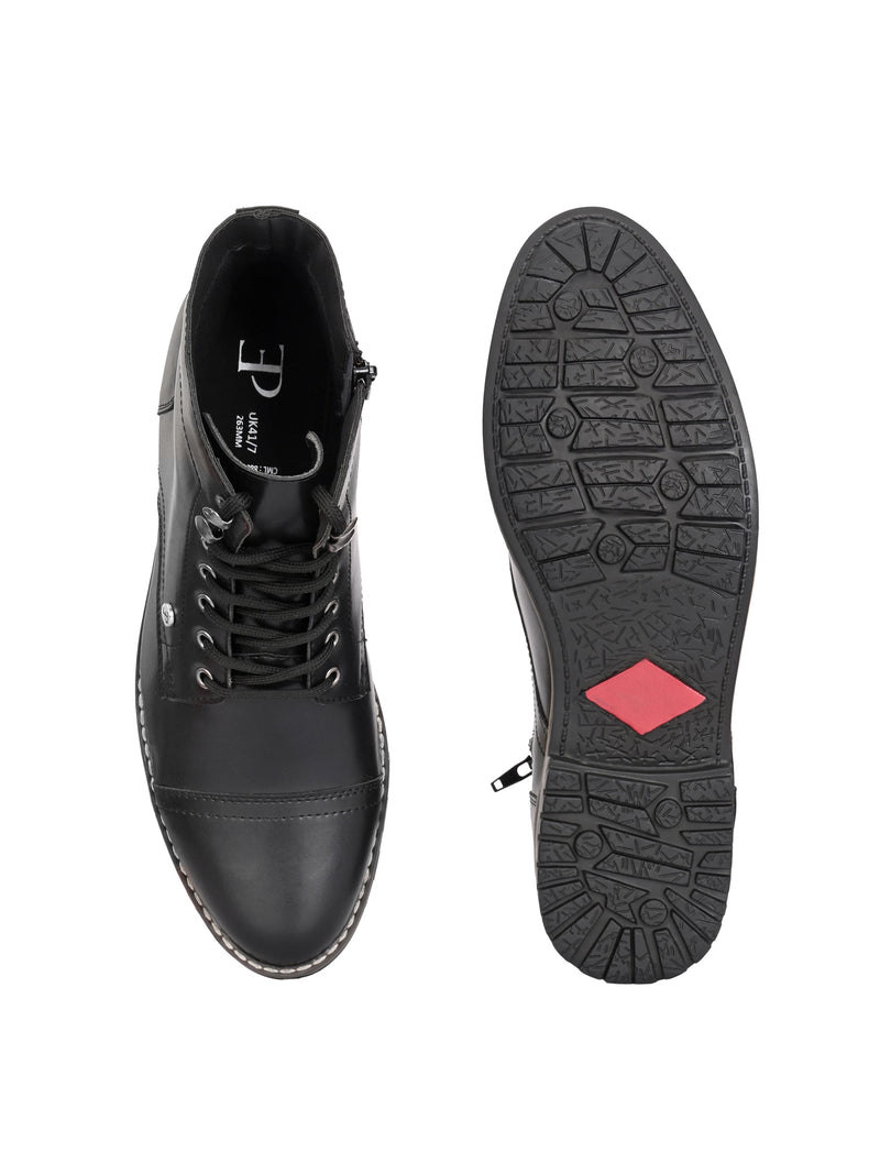 Men's black leather lace-up block-heeled boots with metal eyelets, stitched detailing, and a low heel.