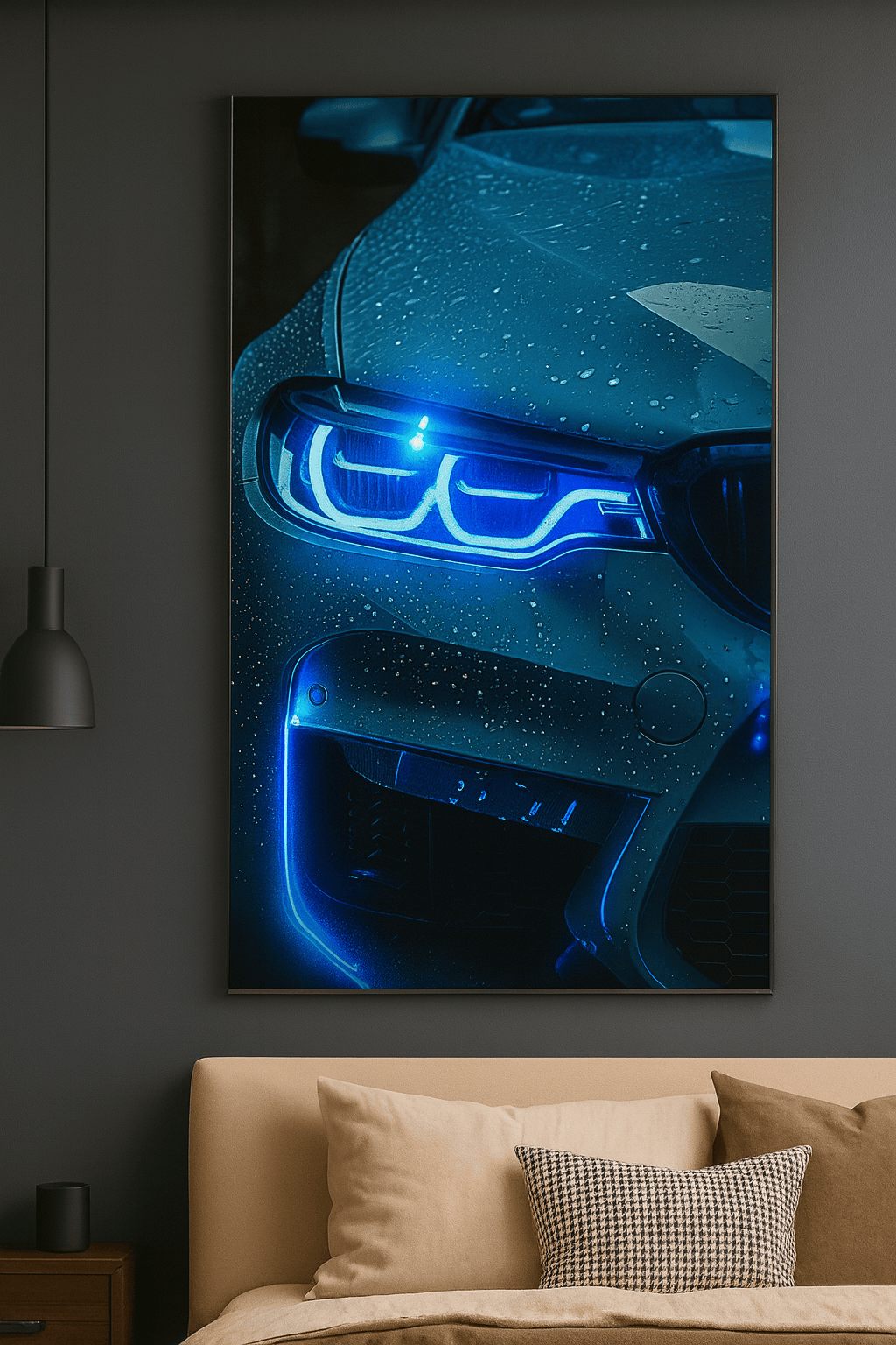 blue Lightning Neon Car Poster – Rain Night Street Aesthetic Neonsignsindia