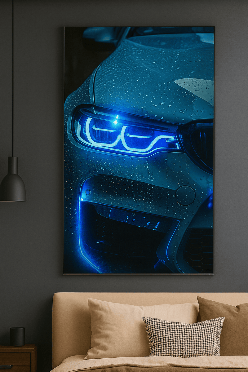 blue Lightning Neon Car Poster – Rain Night Street Aesthetic Neonsignsindia