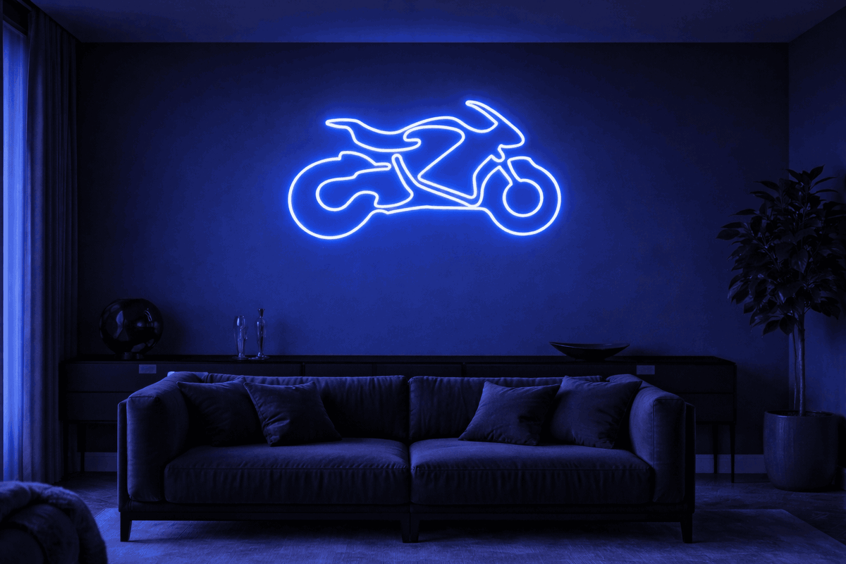 ?️ Blue Motorcycle Neon Sign – Minimal Bike LED Wall Light (3*1.5 feet) Neonsignsindia