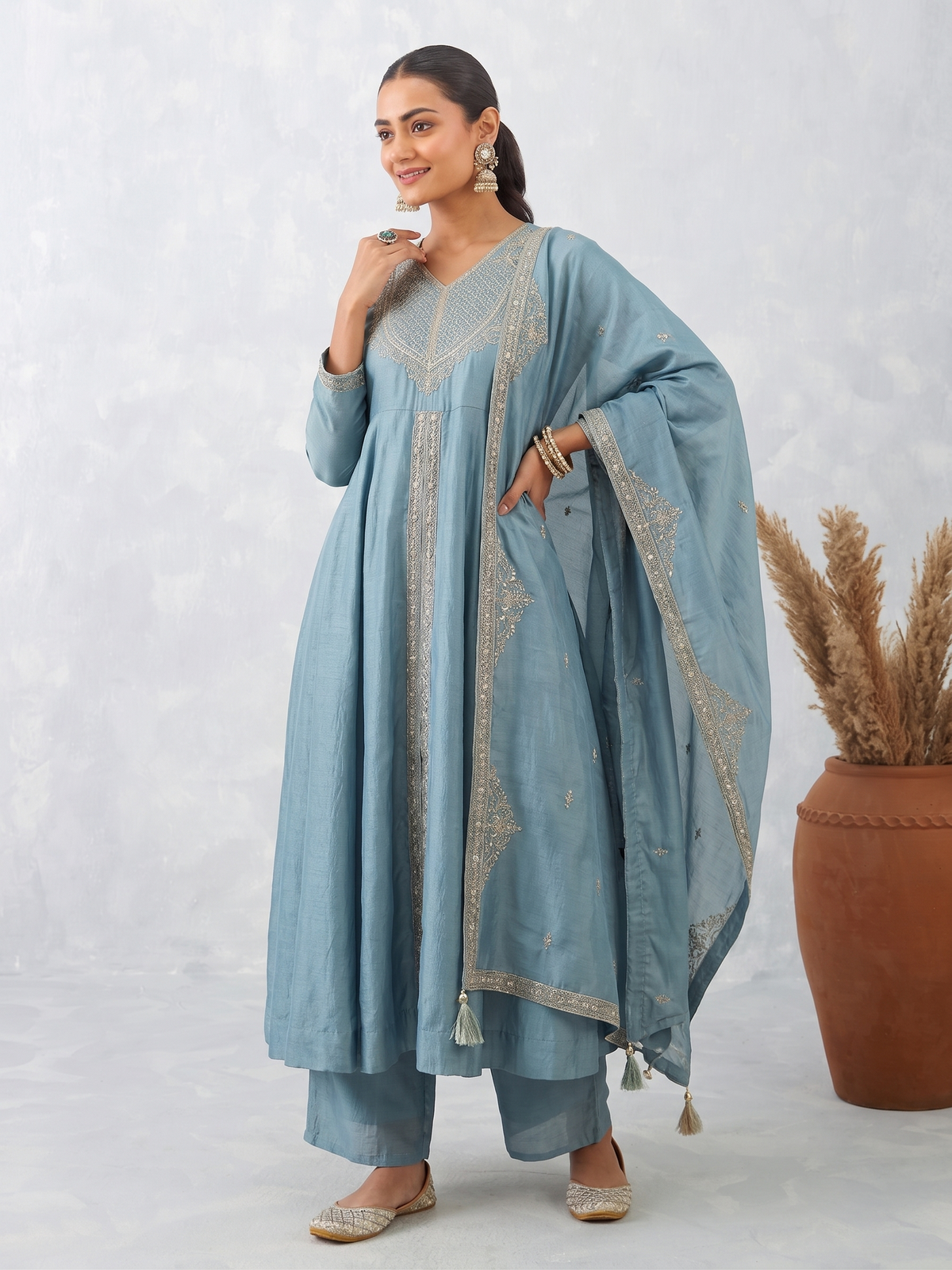 Sky Blue Silk Embroidered Anarkali Kurta With Dupatta Set for Women