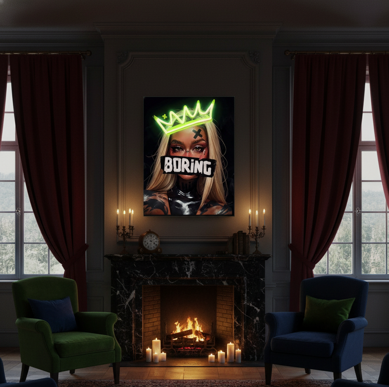 "Boring" Queen Pop Art Print with Green Neon Crown Neonsignsindia