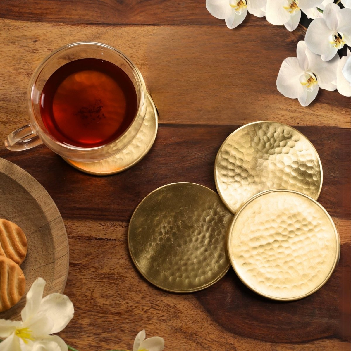 Coasters made with Pure Brass in a Matt Hammered Finish | Set of 4 and 6