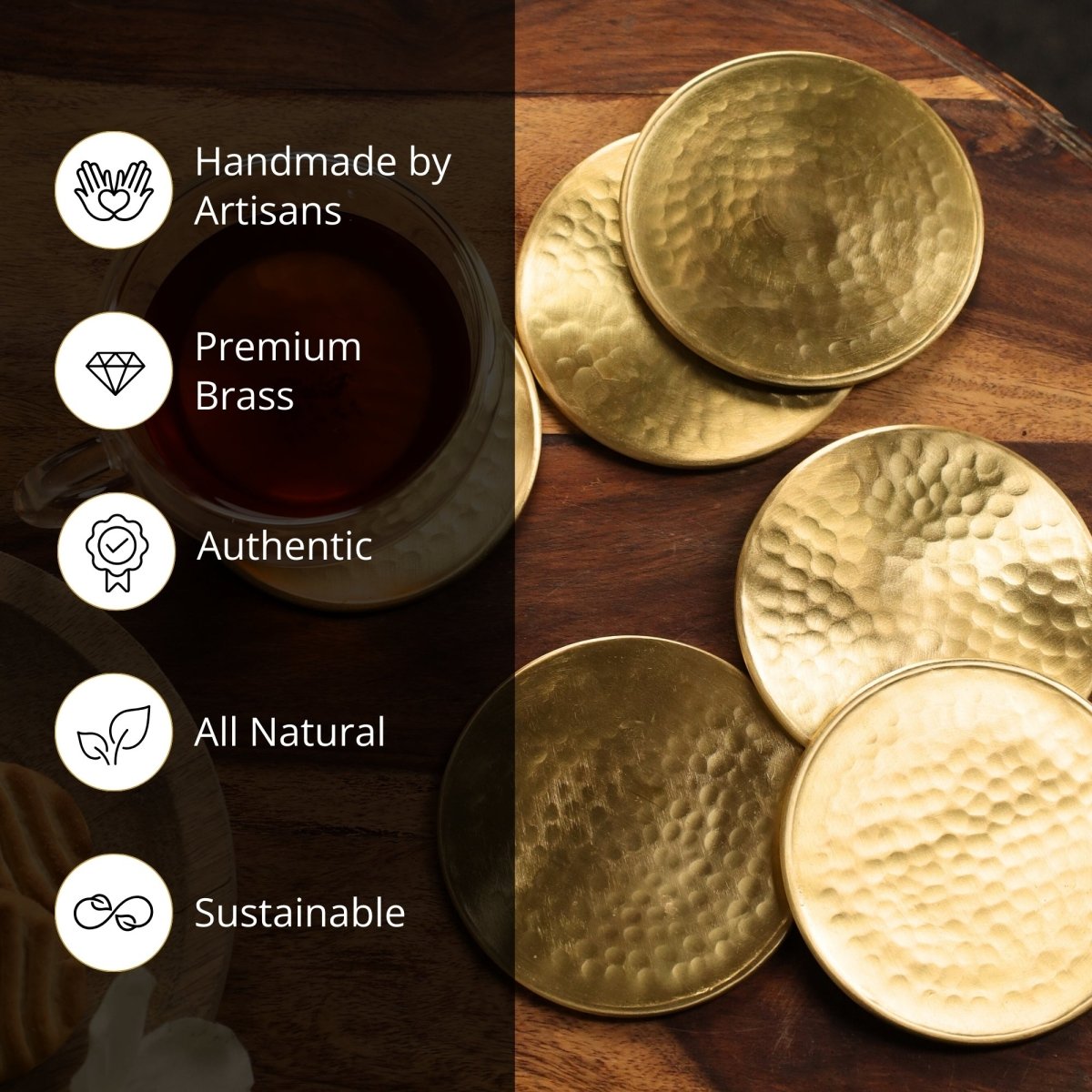 Coasters made with Pure Brass in a Matt Hammered Finish | Set of 4 and 6