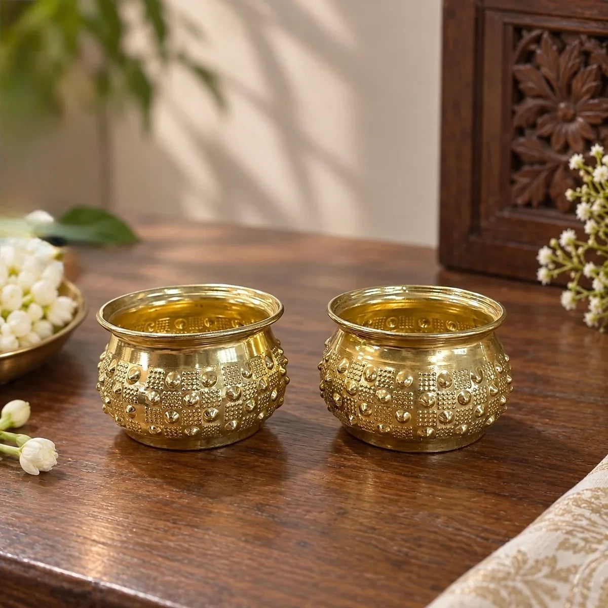 Close-up of Brass Decorative Bowl Set of 2 showing the hobnail texture and flared rim. Zishta Navratri Return Gifts.