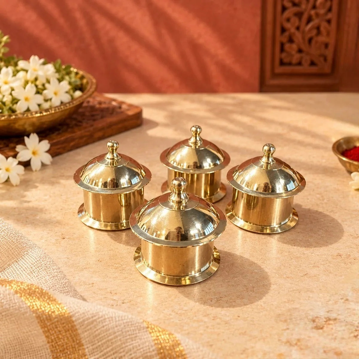 Set of 4 Brass Minar Kumkum Dibbi with domed lids, kumkum box for pooja and gifting