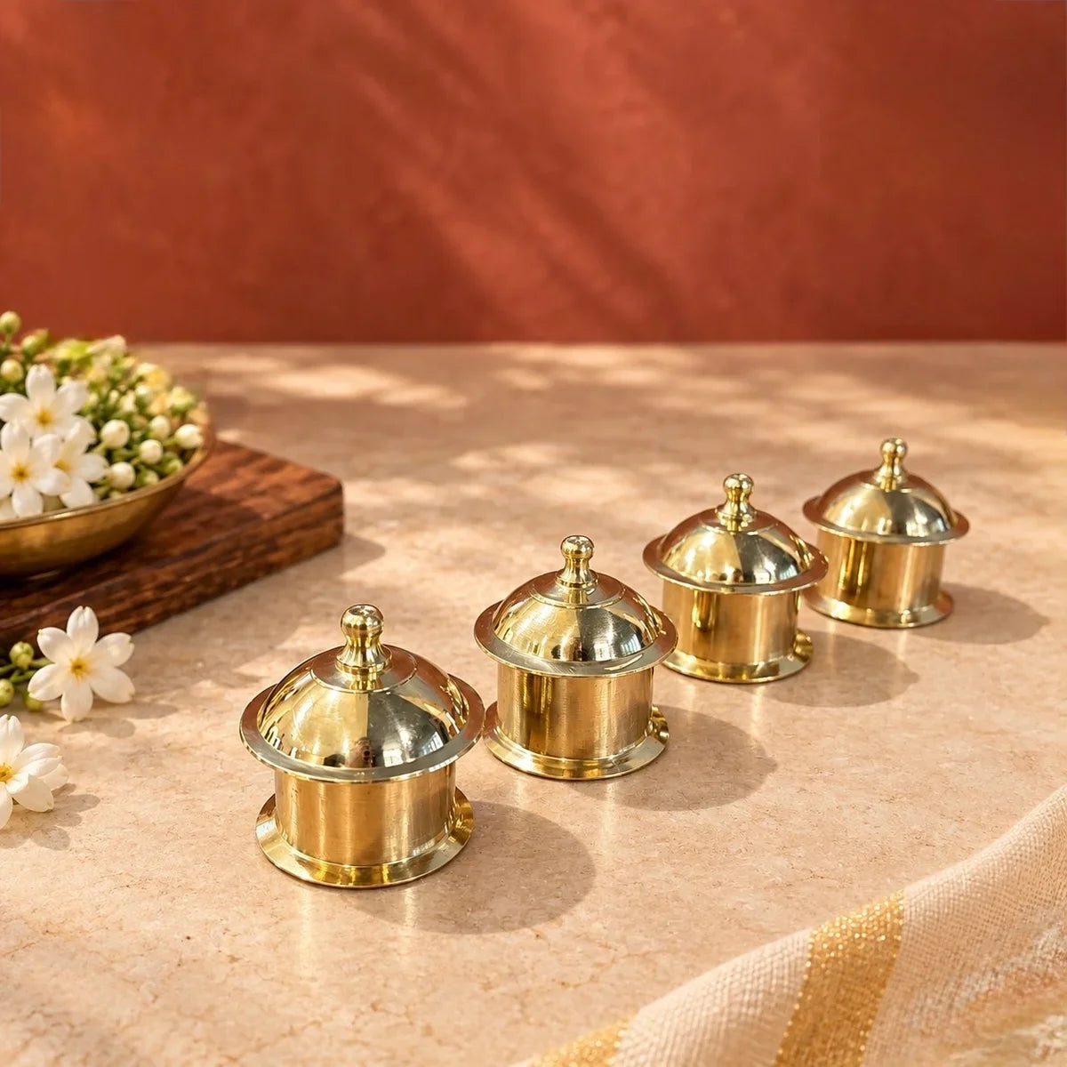 Set of 4 Brass Minar Kumkum Dibbi with domed lids, kumkum box for pooja and gifting. Zishta Navratri Return Gifts.