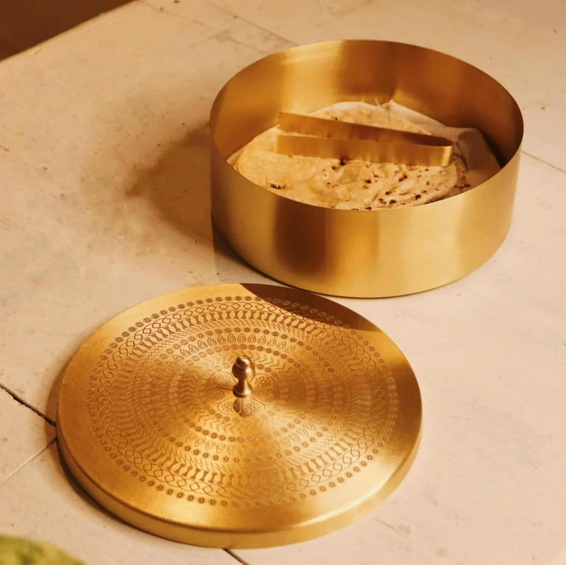 Brass Roti Chapati Box Mandala Art design with Tong-5