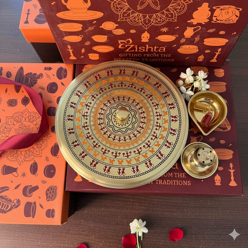 Brass Round Storage Box – Worli Art Design (Medium) Gift Set-2