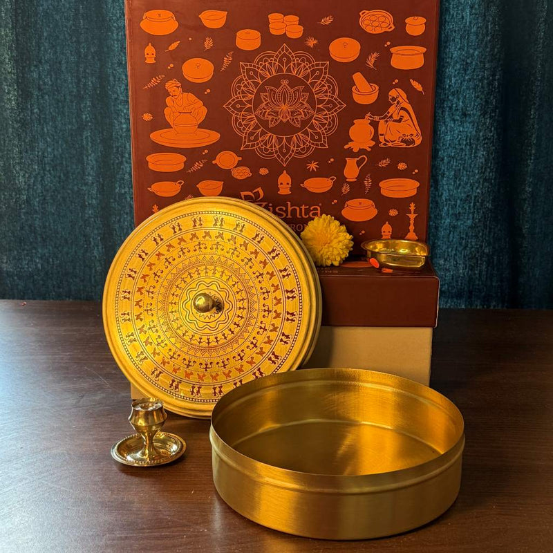 Brass Round Storage Box – Worli Art Design (Medium) Gift Set-3